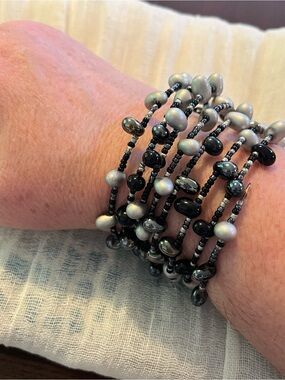 Multi-Strand Black & Silver Beaded Wrap Bracelet - Women Jewelry